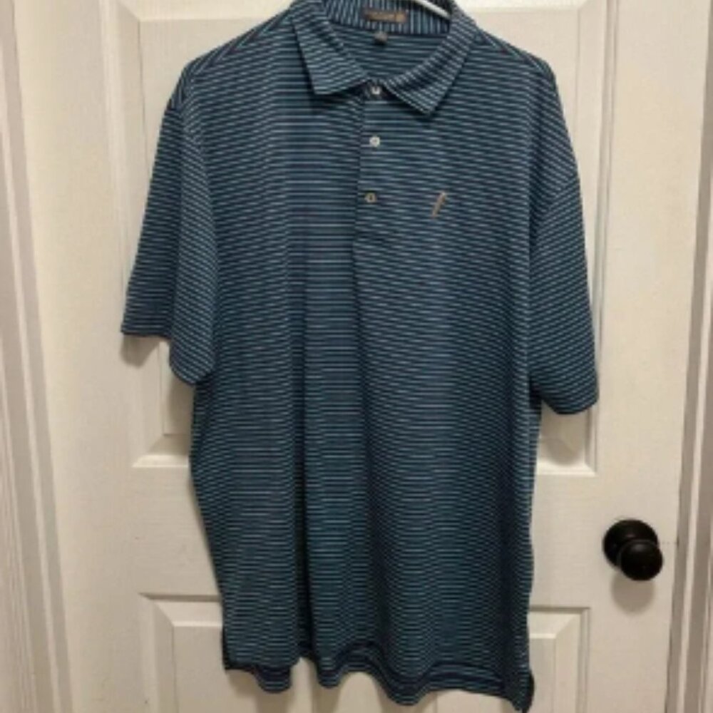Peter Millar Summer Comfort E4 Men's Teal Purple Striped Polo Shirt Size XL
